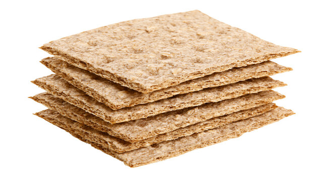 Stack of crispbread crackers with textured surface, isolated on transparent background