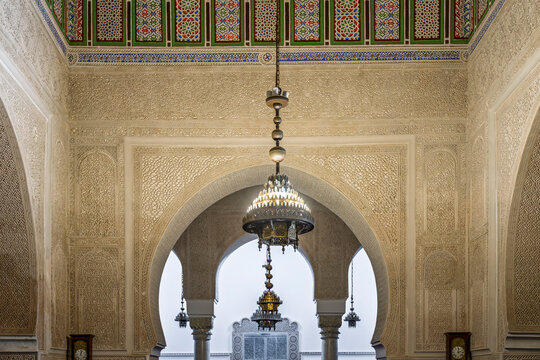 Interior Arch with a Hanging Chandelier at the Mausoleum of Moulay Ismail, Meknes, Morocco