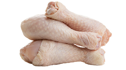 Three raw chicken drumsticks stacked, isolated on transparent background © Emilia