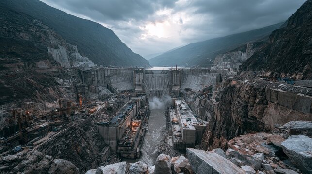 Massive concrete dam construction in a deep mountain gorge under a cloudy sky