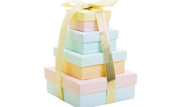 Stack of pastel colored gift boxes tied with a golden ribbon, isolated on transparent background