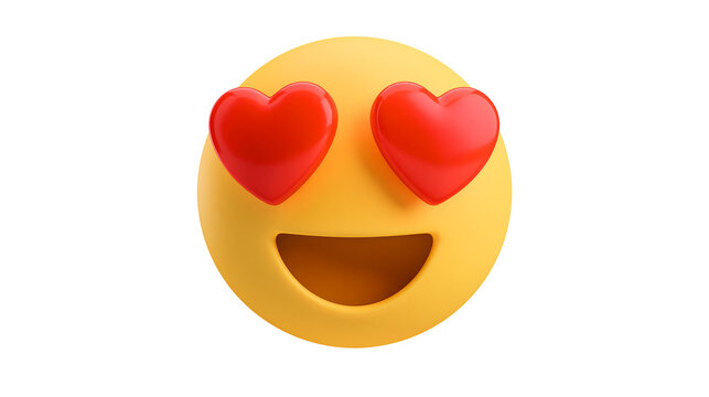 Yellow emoji face with red heart eyes and open mouth, isolated on transparent background