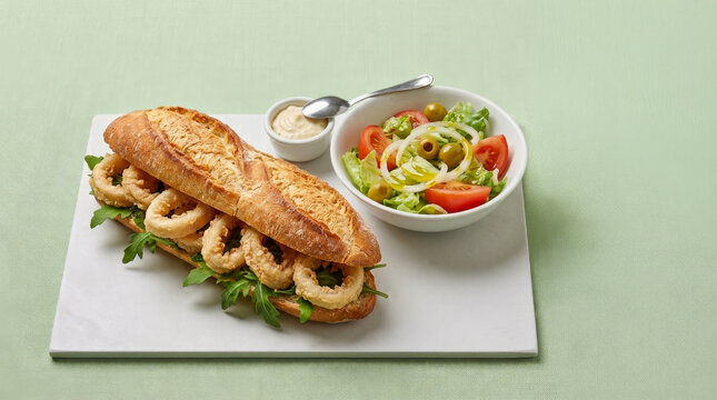 Classic Spanish fried squid sandwich (bocadillo de calamares) with salad and aioli sauce on a light green linen tablecloth.