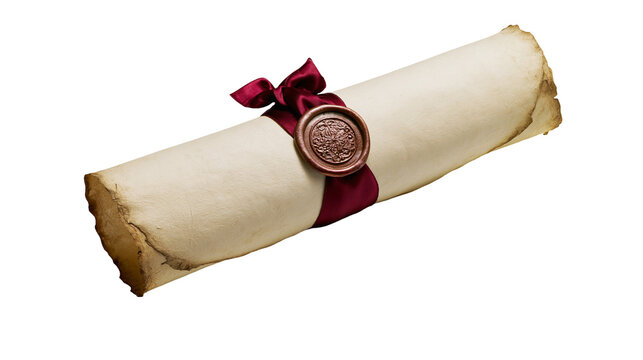 Rolled parchment scroll tied with burgundy ribbon and sealed with wax, isolated on transparent background