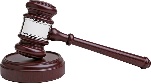 Dark wood gavel with polished metal band, isolated on transparent background