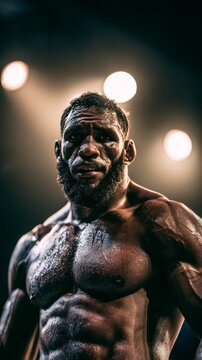 Intense MMA fighter with sweat glistening on his muscular physique under dramatic lighting