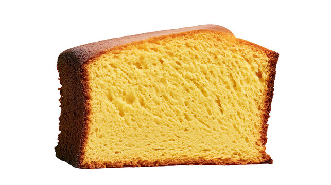 Golden yellow sponge cake slice with porous texture, isolated on transparent background