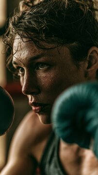 Intense boxer with sweat dripping down her face during a grueling training session