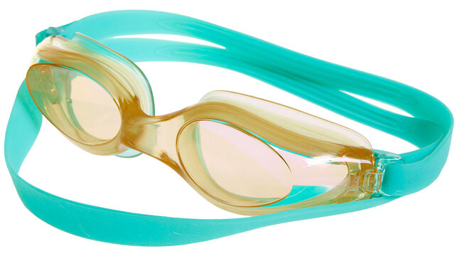 Turquoise swimming goggles with golden iridescent lenses, isolated on transparent background