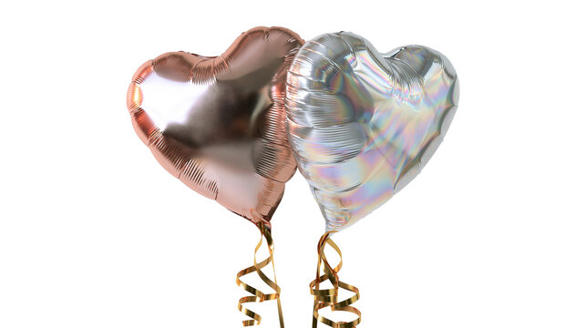 Two heart-shaped foil balloons one rose gold and one silver, with gold ribbons isolated on transparent background