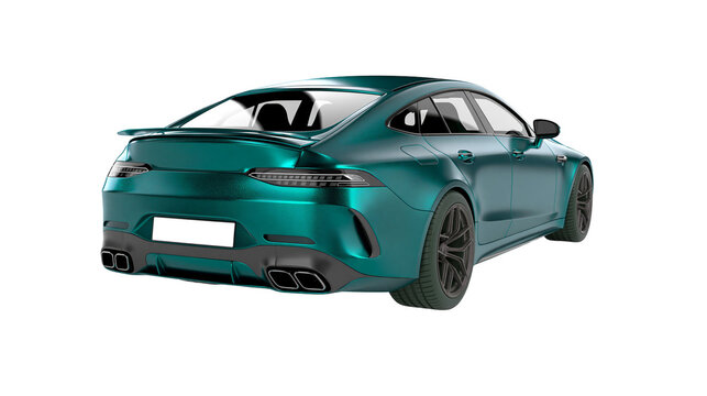 Teal luxury sports car with spoiler and quad exhaust pipes, isolated on transparent background