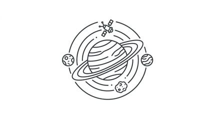 Stylized Saturn planet with rings and orbiting celestial bodies. © andi