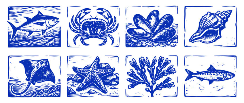 Seafood linocut icons set with blue illustrations of ocean creatures and plants