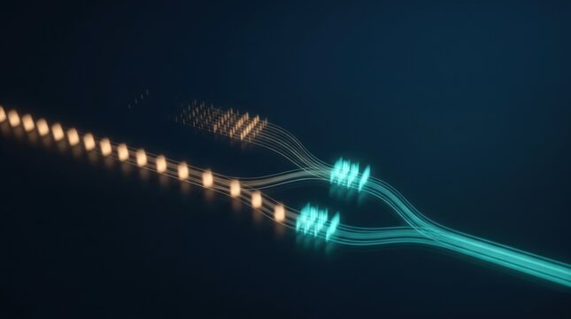 Digital workflow processing pipeline with parallel review paths, amber input stream and teal output flow on dark technology background with wide copy space