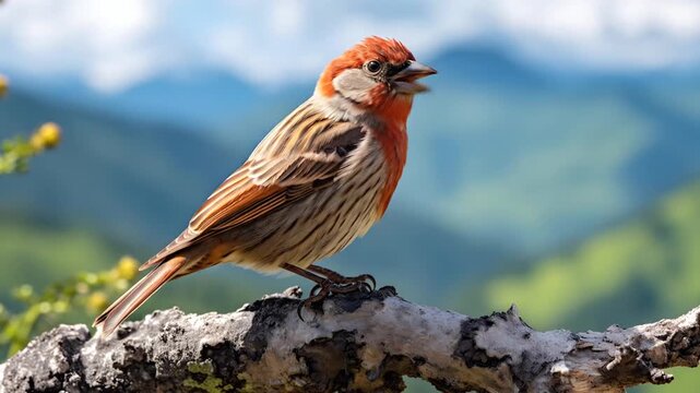 House Finch Perched on a Branch in Mountain Landscape
