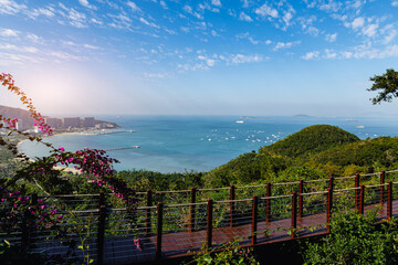 Naklejka premium Aerial view park overlooking harbor and city at Sanya, Hainan Island, China