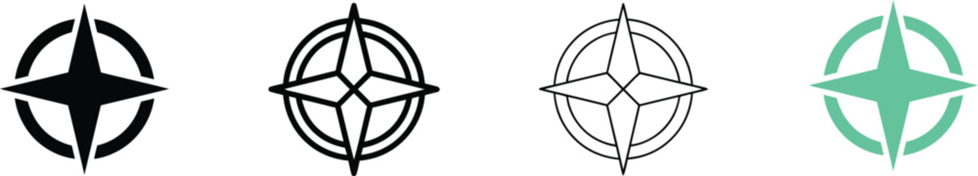 Minimalist compass rose icon set, nautical star navigation symbols in black and teal, four vector map direction elements for travel branding