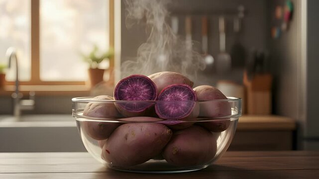 A glass bowl filled with fresh hot steamed purple sweet potatoes sits on a wooden kitchen counter while emitting gentle steam in the soft light.