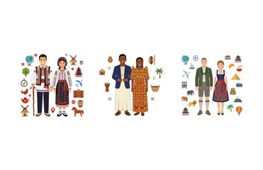 Fototapeta premium Global Cultures and Traditional Outfits Illustration Set with World Travel Icons