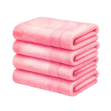 Stack of folded pink towels on transparent background. Watercolor illustration of bathroom textile accessories. Soft laundry for hotel, spa, hygiene, wellness and home care concept design.