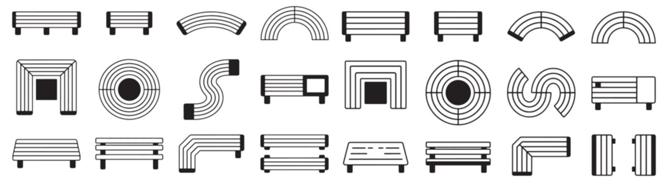Collection of Black and White Top-View Bench and Seating Plan Icons for Park and Landscape Design