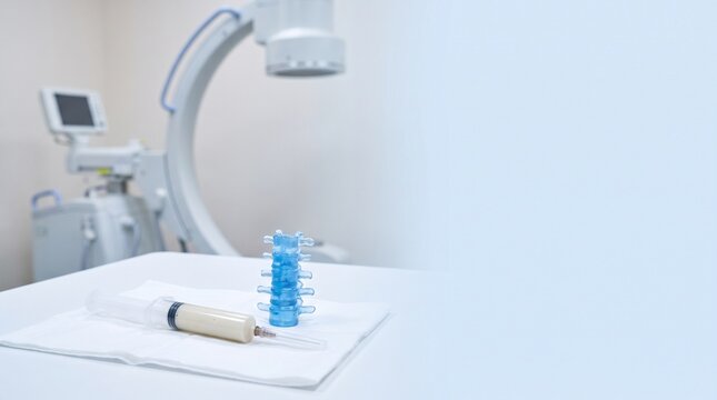 Bone cement delivery syringe and needle beside a lumbar vertebra model in a fluoroscopy suite, concept of vertebroplasty and kyphoplasty with large blue copy space