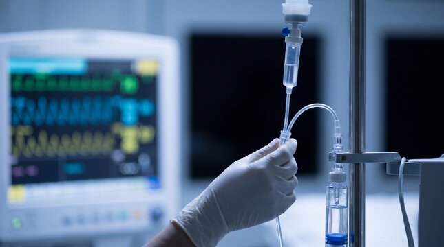 Gloved clinician adjusting an IV pressure monitoring line with drip chamber and transducer beside a vital signs monitor in intensive care for invasive hemodynamic monitoring