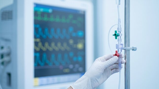 Clinician adjusting a pressure transducer stopcock manifold on an IV pole beside a vital signs monitor for invasive blood pressure and hemodynamic monitoring in intensive care