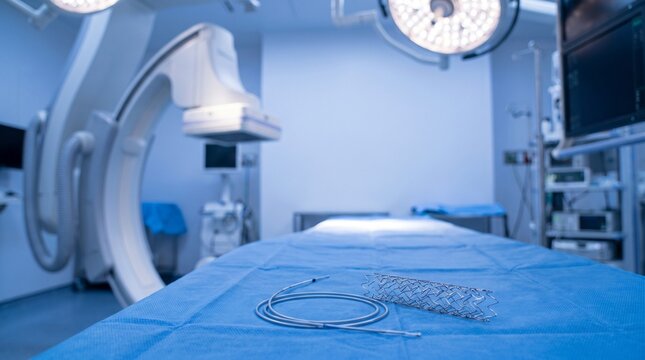 Vascular stent, guidewire and catheter arranged on a sterile drape in an interventional radiology operating room with C-arm fluoroscopy equipment
