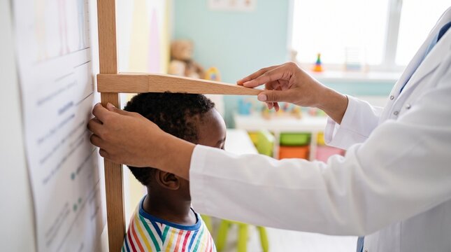 Doctor measuring an African American boy&rsquo;s height with a wooden stadiometer during a pediatric growth and development assessment in a child-friendly clinic