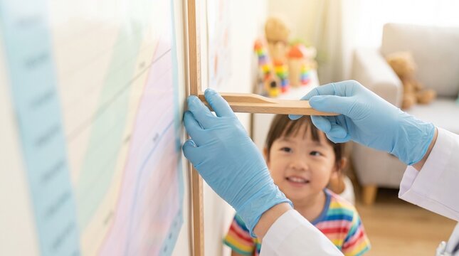 Pediatrician measuring a young Asian child's height with a wall-mounted wooden stadiometer during routine growth monitoring and child development assessment
