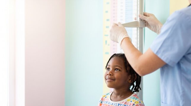 Pediatric nurse measuring an African American girl's height with a wall-mounted stadiometer during routine growth assessment and child health checkup in a clinic