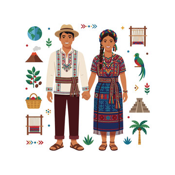 Guatemalan Couple in Traditional Ethnic Clothing Surrounded by Cultural Symbols