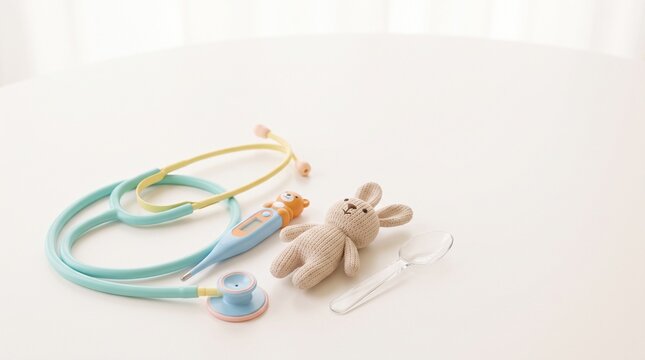 Colorful pediatric stethoscope, digital thermometer, knitted rabbit toy and medicine spoon arranged on a white surface, child healthcare concept with copy space