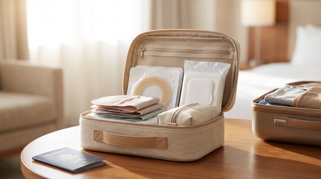 Open travel organizer packed with ostomy pouches, skin barriers and care supplies beside a passport and suitcase in a hotel room, concept of traveling confidently with a colostomy.