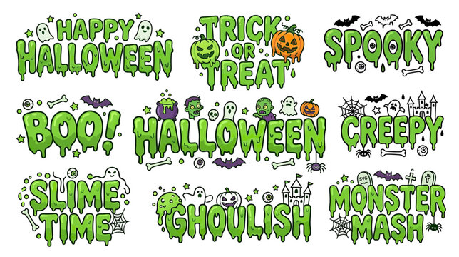 Halloween Text Graphics: Spooky, Creepy, Boo, Trick or Treat, Slime Time, Monster Mash