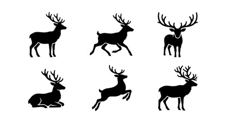 Obraz premium Deer Silhouettes: Majestic Antlered Animals in Various Poses, Vector Icons for Wildlife and Nature Designs