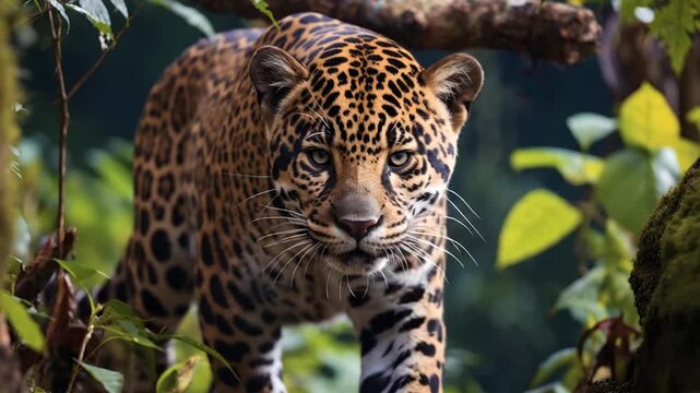 Jaguar Prowling Through Dense Jungle Foliage
