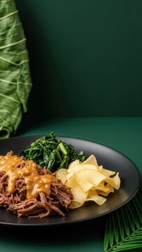 Gourmet shredded beef in peanut sauce with collard chiffonade and cassava crisp against forest-green negative space