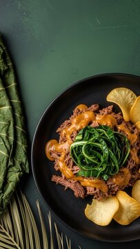 Gourmet shredded beef in peanut sauce with collard chiffonade and cassava crisp against forest-green negative space