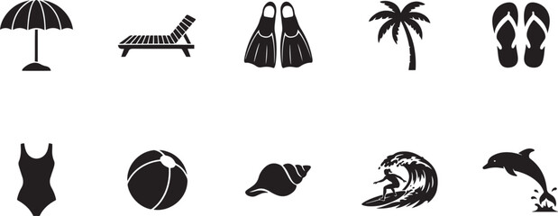 Solid vector icon set. beach vector, lounger, flippers, palm, flip flops, swimsuit, ball, shell, surfing, dolphin. black icon silhouette vector © MDROBIUL