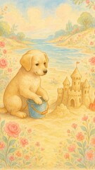Obraz premium Puppy beach sandcastle painting mobile wallpaper