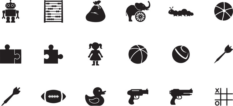 Solid vector icon set. robot vector, abacus, beanbag, elephant wheel, toy caterpillar, beach ball, puzzle, doll, dart, football, duck, water gun, Tic tac toe. black icon silhouette vector