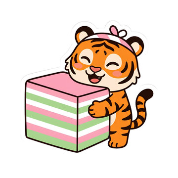 Cute Malayan Tiger Hugging Traditional Kuih Lapis Cake Mascot