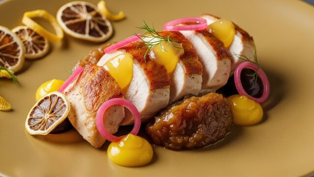 Gourmet chicken breast with yassa onion jam, lemon gel, and pickled shallots against golden negative space