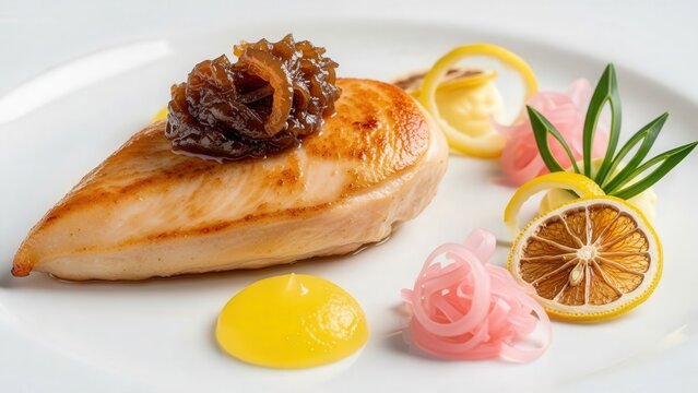 Gourmet chicken breast with yassa onion jam, lemon gel, and pickled shallots against golden negative space