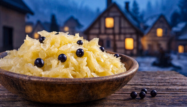 Fermented Sauerkraut and Juniper Berries Close-up with Blurred Winter Village