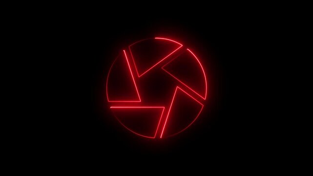 Glowing red neon camera shutter aperture animation on black background, lens