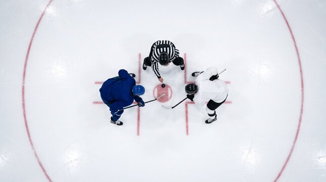 Ice Hockey Face Off Aerial View Referee Players Ready to Play