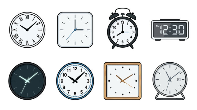Clock icons, vector clock faces, time symbols, alarm clocks, digital clocks, analog clocks